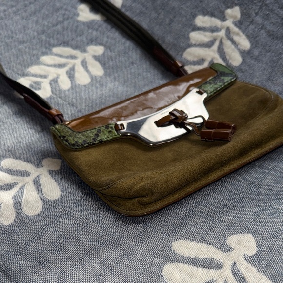 Olive Green Suede Prada Python Shoulder Bag - Picture 4 of 12